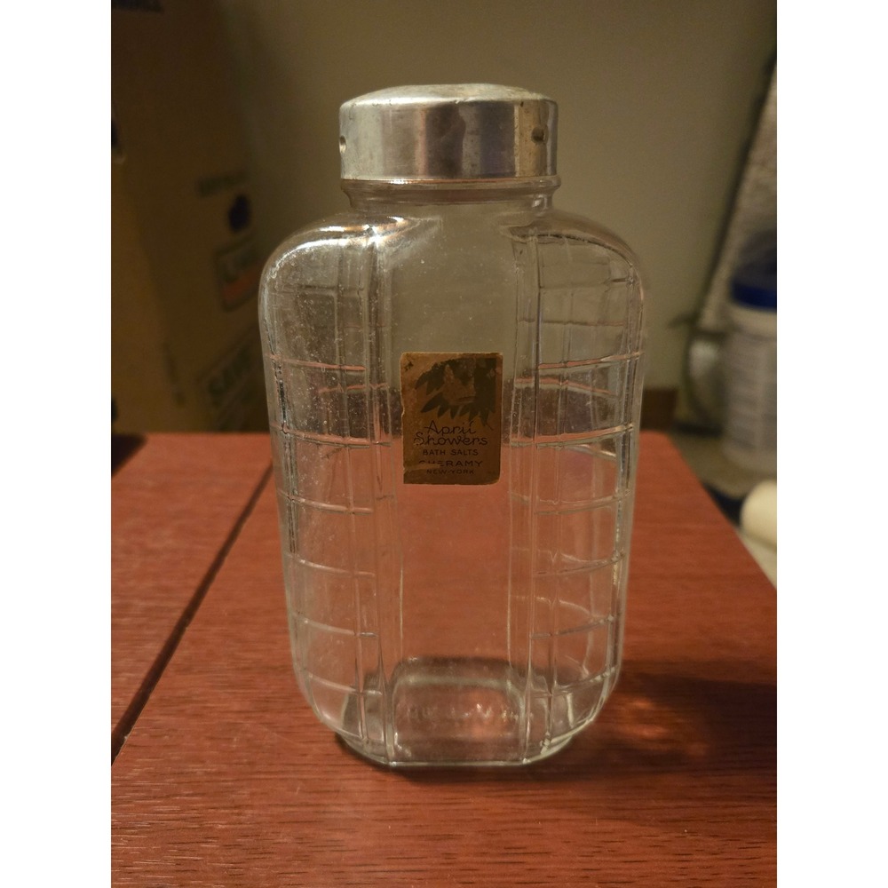 Vintage Cheramy April Showers Bath Salts Glass Bottle Metal Lid New York Label